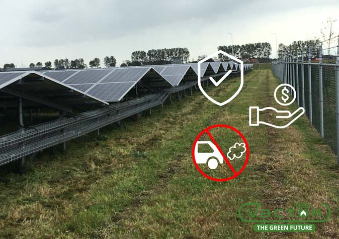 Autonomer Rasenmäher-Solarpark | Vorteile autonome Mähmaschine unter Solarparks | Emissionsfreies Rasenmähen | Vektormaschinen